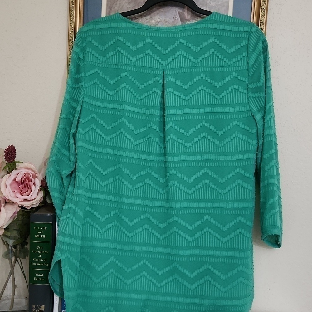 Green Knit Talbots Blouse Sheer sleeve Abstract Pattern Medium career party - Picture 7 of 8